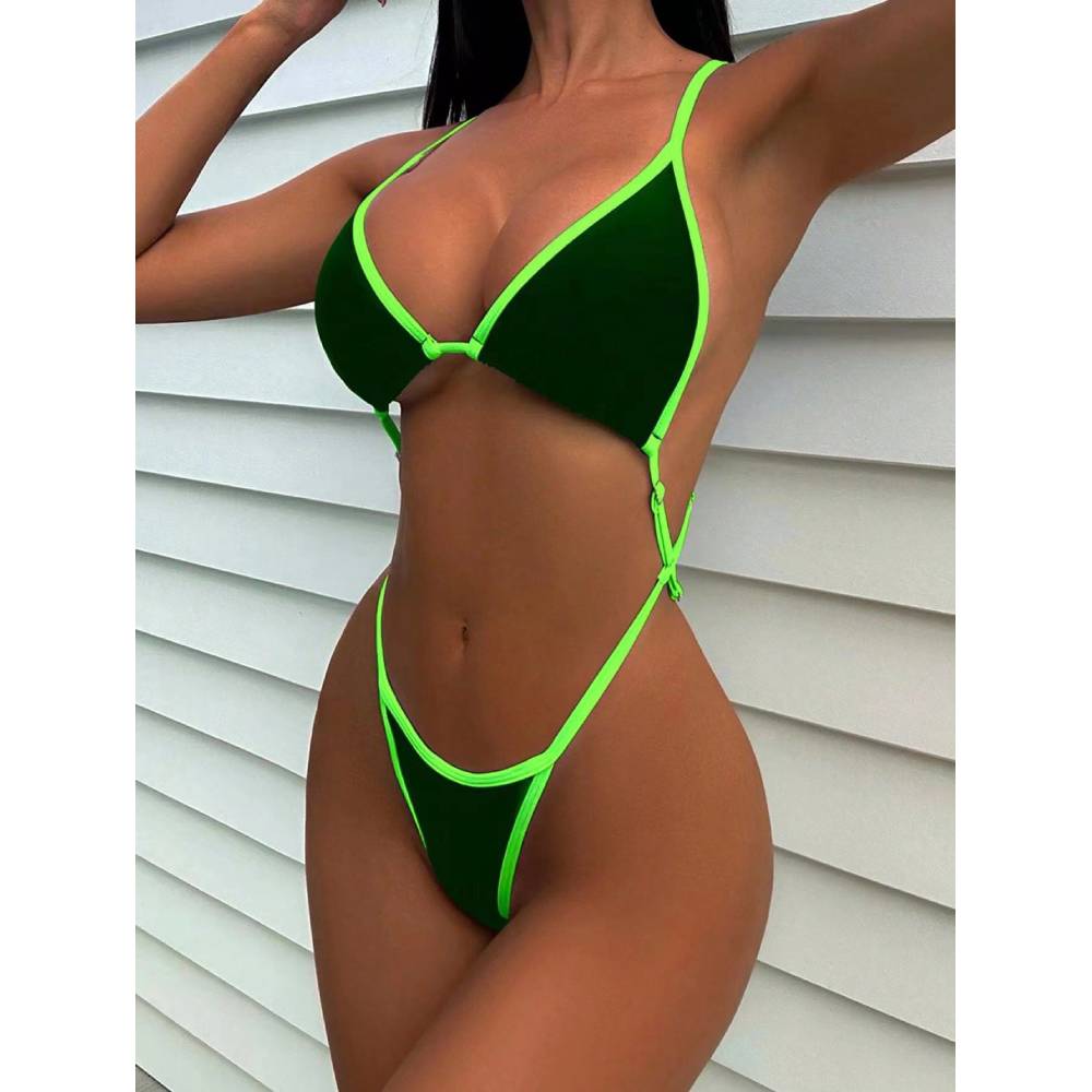 Cikini Sommer Strand Damen Kontrastbesatz Neckholder Einteiliger Badeanzug Sexy Bademode Badeanzug