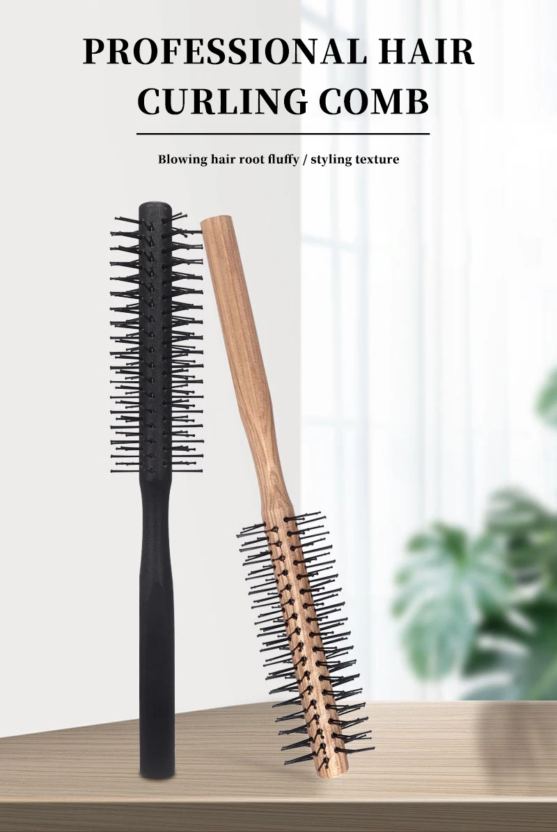 Herramienta de secado de estilismo de salón profesional con mango de madera, rodillo de masaje rizado redondo para peluquería, peine especial para pelucas de cabello real, 1 ud.