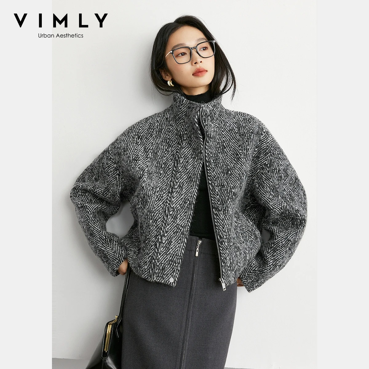 VIMLY Women's Wool Blend Winter Short Coats 2026 Stand Neck Zip Up Textured Long Sleeve Ladies Warm Jacket Woman Clothes M9117