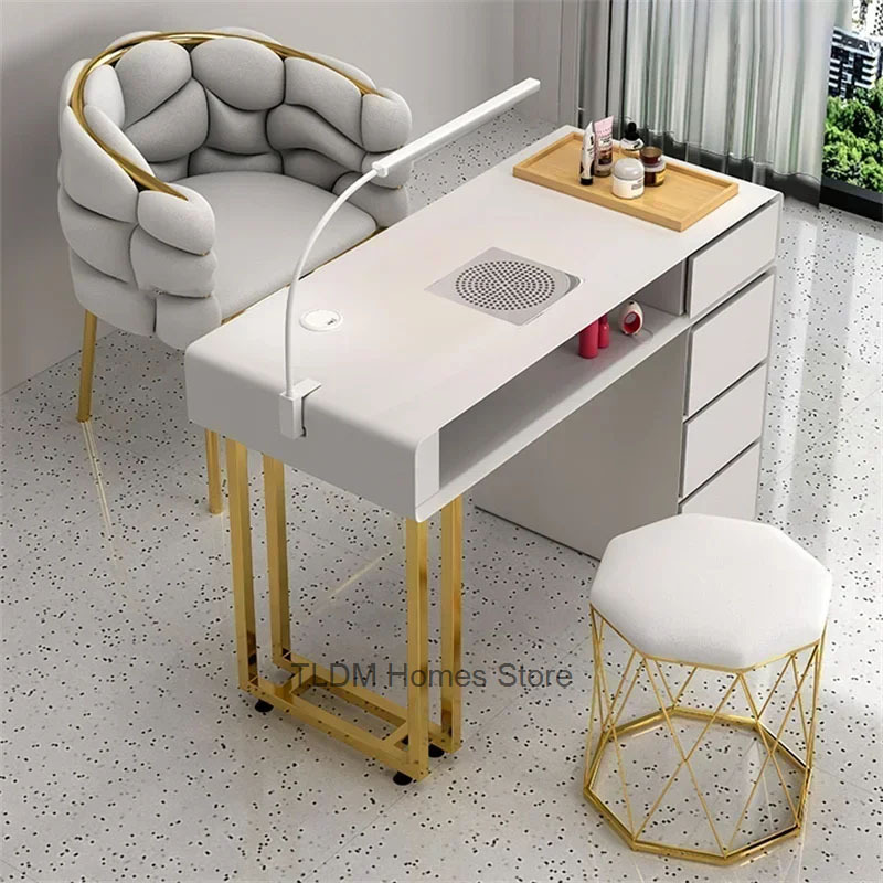 Moderne enkele dubbele manicuretafel met laden, crèmekleurige nageltafel en stoelenset, lichte luxe ins nageltafel voor nagelwinkel