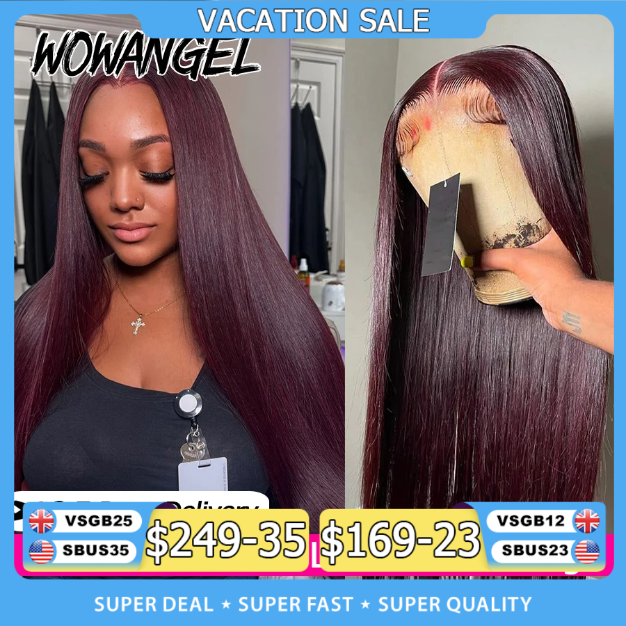Borgonha escuro perucas retas 13x6 hd frente do laço perucas de cabelo humano 99j cor em linha reta peruca de cabelo brasileiro sem cola pré branqueado