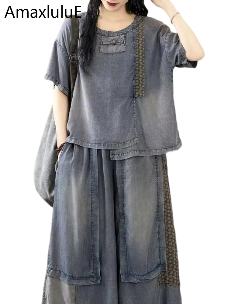 Amax luluE 2025 Moda Classica Due Pezzi Set Donna Estate Patchwork Outfit O Collo Vintage Top Tees Jeans Larghi Pantaloni Casual