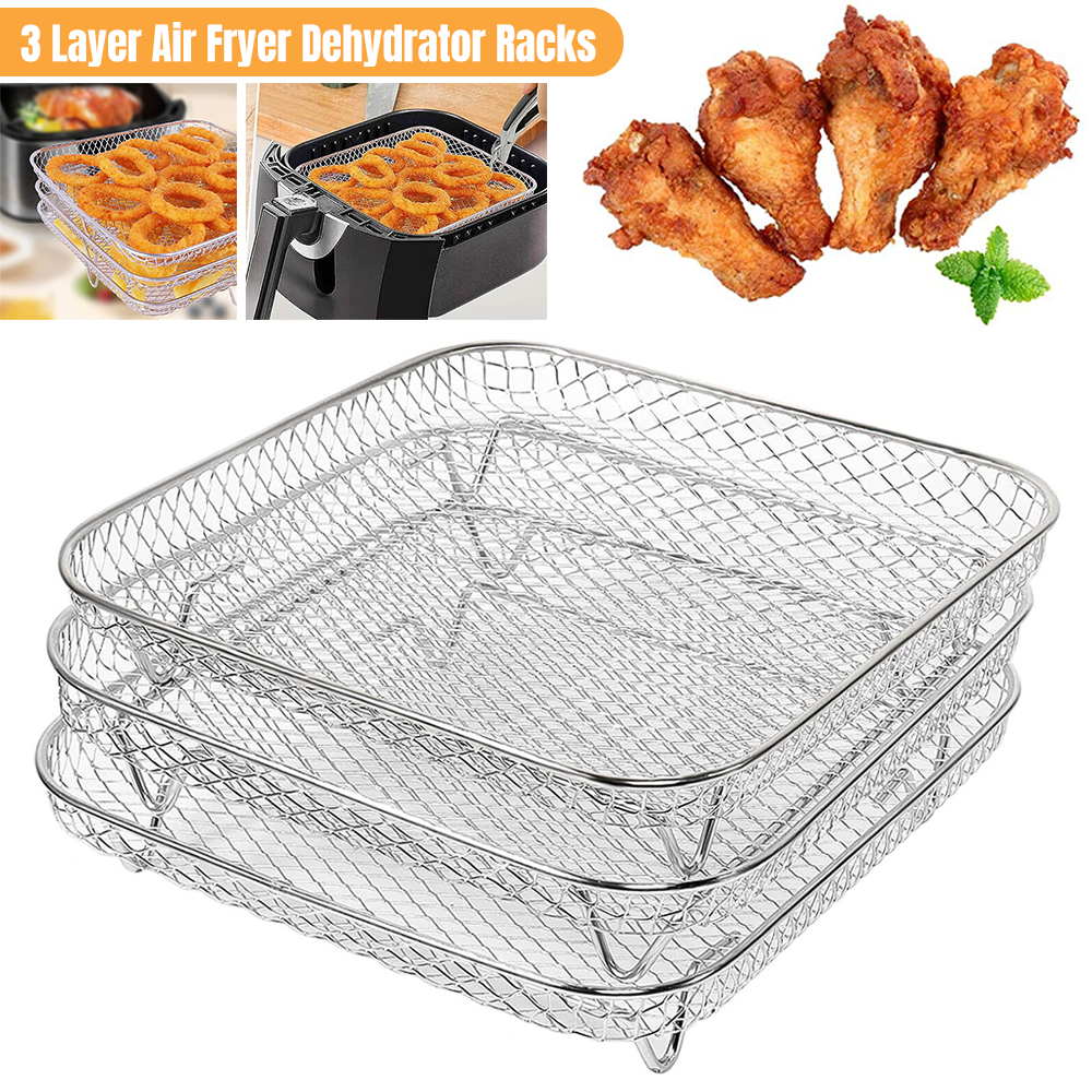 ตะกร้าสแตนเลสแบบซ้อนกันได้สำหรับวางเครื่องอบแห้งแบบหม้อทอด Air fryer 3ชั้น