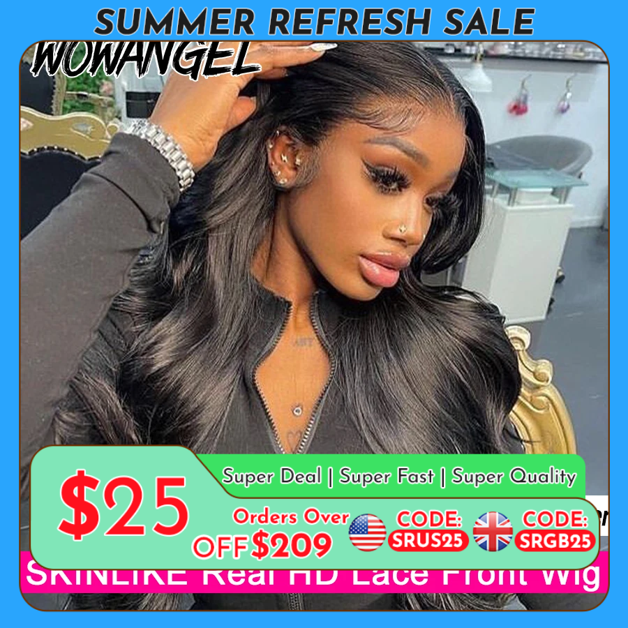 Wow Angel Wig dengan ketebalan 250% 13x6 HD Wig depan berenda kulit halus gelombang tubuh 13x4 HD Wig Frontal penuh Wig rambut manusia telah ditanami