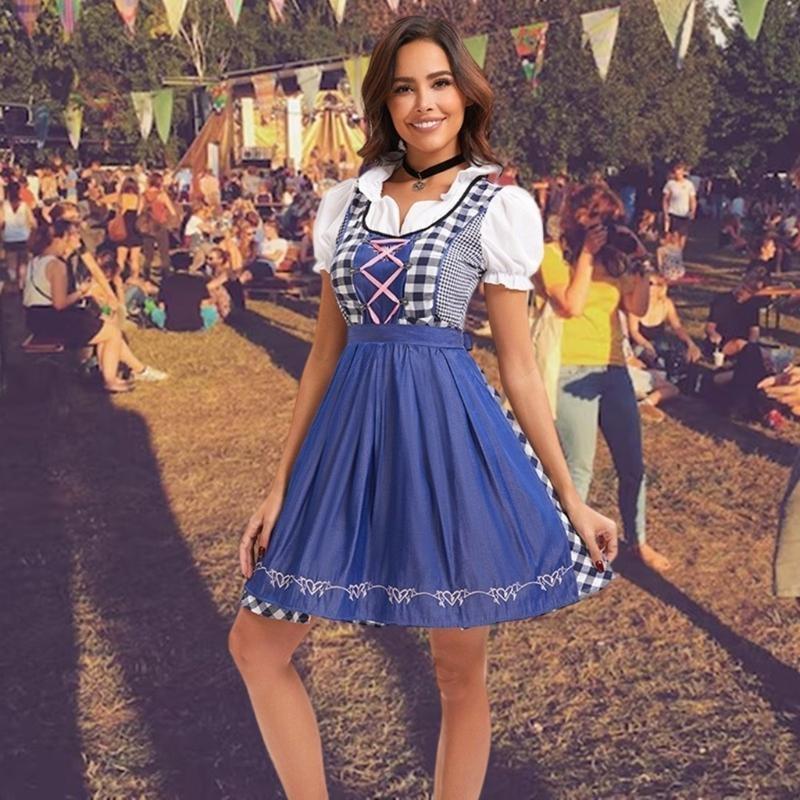39BB 3-teiliges Damen-Bayerisches Oktoberfest-Kostüm, Dirndl-Kleid, Schürze, Schleifen, Band für Halloween, Bier, Karneval,