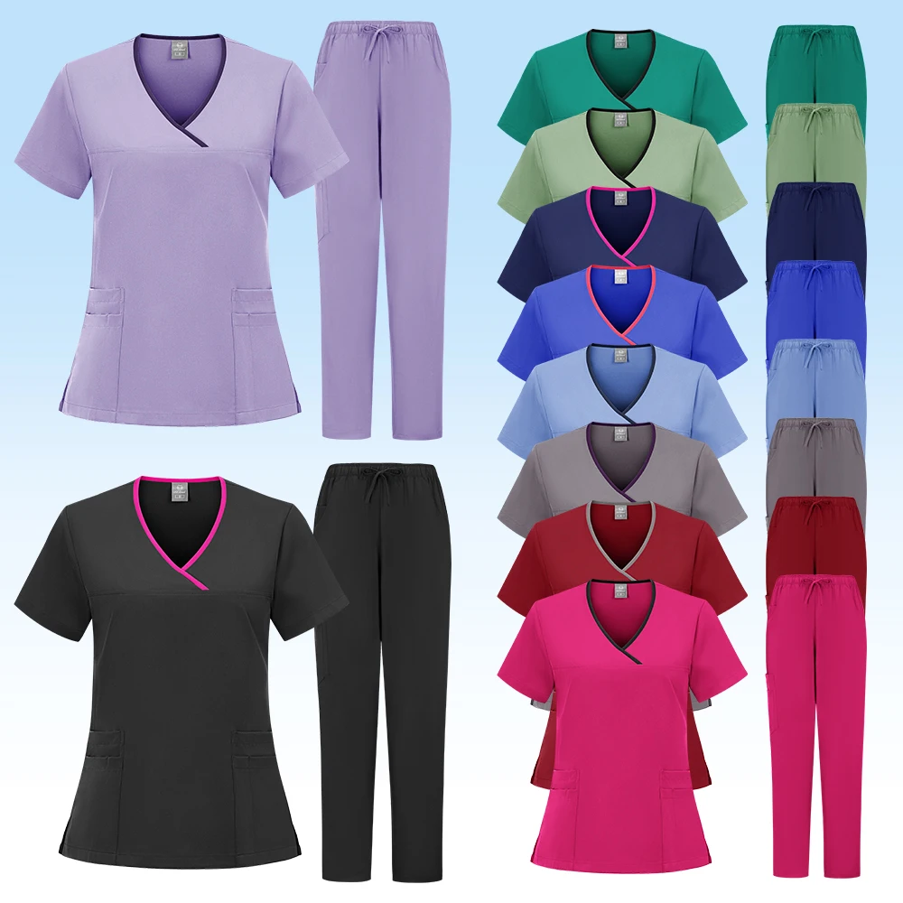 Novo conjunto de esfoliantes uniformes médicos estiramento esfrega topos com calças bolso uniforme enfermeira médico cirurgia macacão salão beleza workwear