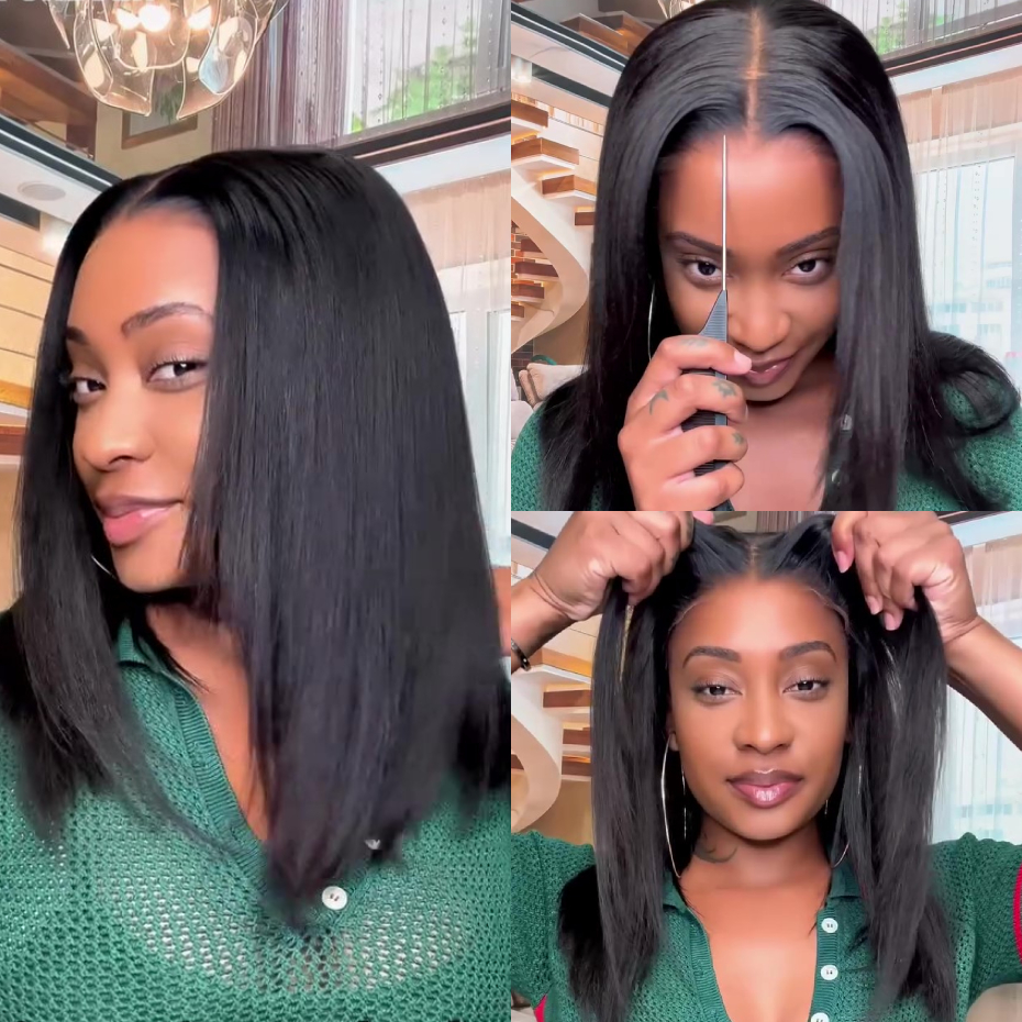 1B Yaki Straight Short Bob Wig Lace Closure Human Hair Wigs Pull & Go Drawstring Wig Transparent 5x5 Lace Closure Wig Light Kinky Straight Natural Color Lace Glueless Wigs For Women