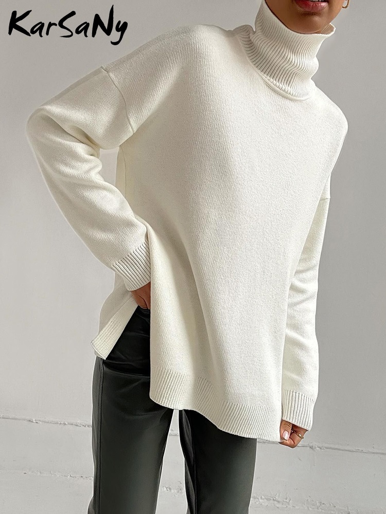 Sweter Turtleneck Wanita Panjang Musim Gugur Musim Dingin 2022 Atasan Rajutan Longgar Belahan Samping Sweter Turtleneck Ukuran Besar untuk Wanita