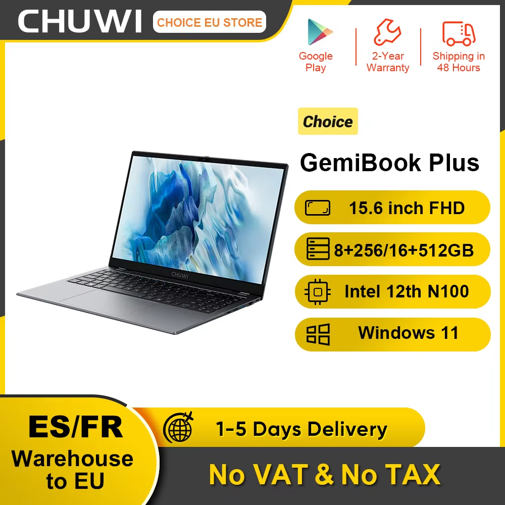 CHUWI GemiBook Plus portátil Intel N150/N100 pantalla FHD de 15,6 pulgadas 1920*1080 16GB LPDDR5 512GB SSD Windows 11 WIFI 6 M.2 hasta 1T