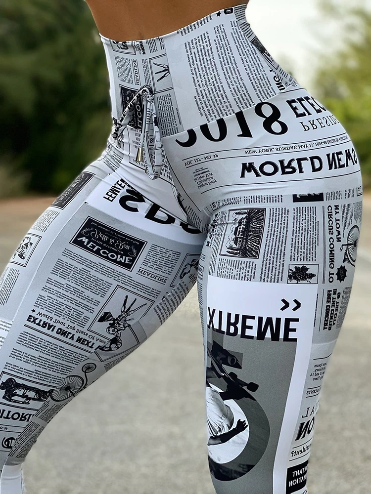 Pantalon de levage de fesses imprimé journal pour femmes, nouvelle tendance, été 2021, Anime, taille haute, slim, vêtements de sport pour dames