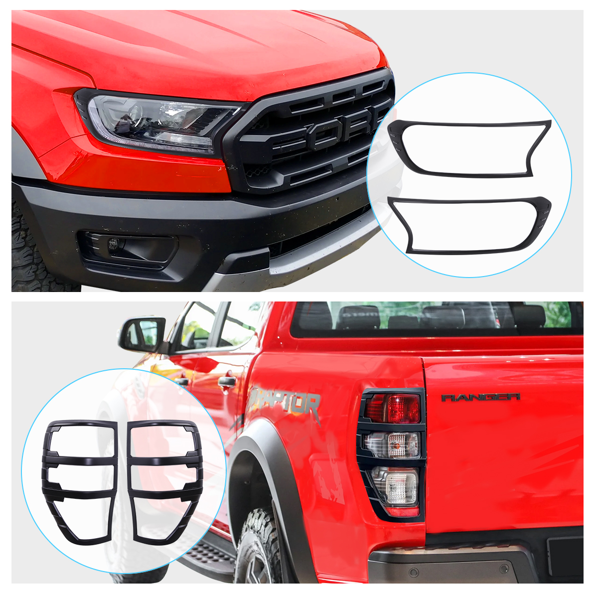 Osłona reflektora + światła tylne Zestaw osłon do Ford Ranger Raptor 2015-2022 Matowy czarny tył + osłona przedniego światła Akcesoria samochodowe