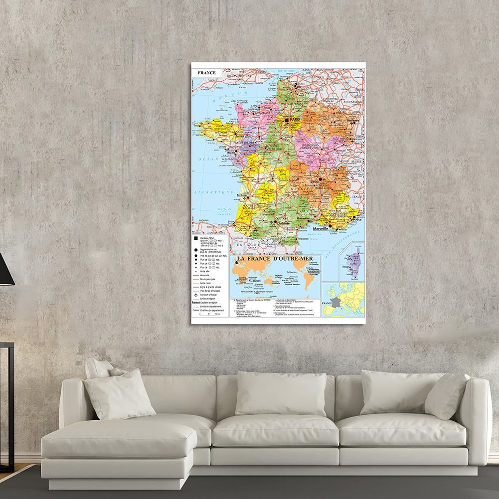 O Mapa de Transporte França em Francês Grande Poster, Pintura de lona não tecida, Sala, Decoração, Material Escolar, 100x150cm