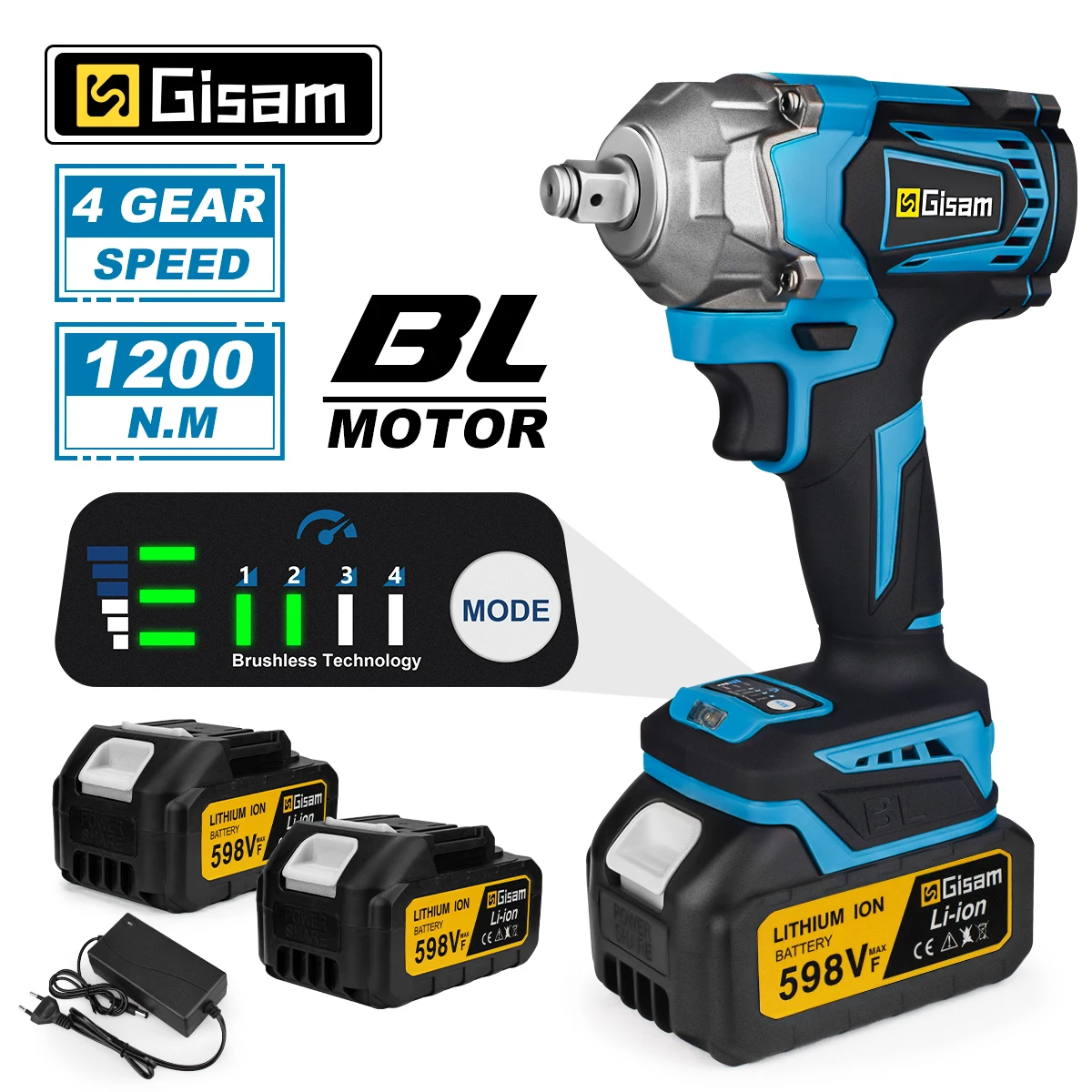 Llave de impacto eléctrica sin escobillas de torsión 1200N.M, llave eléctrica inalámbrica de 1/2 pulgadas, herramientas de destornillador para pines de batería Makita de 18V