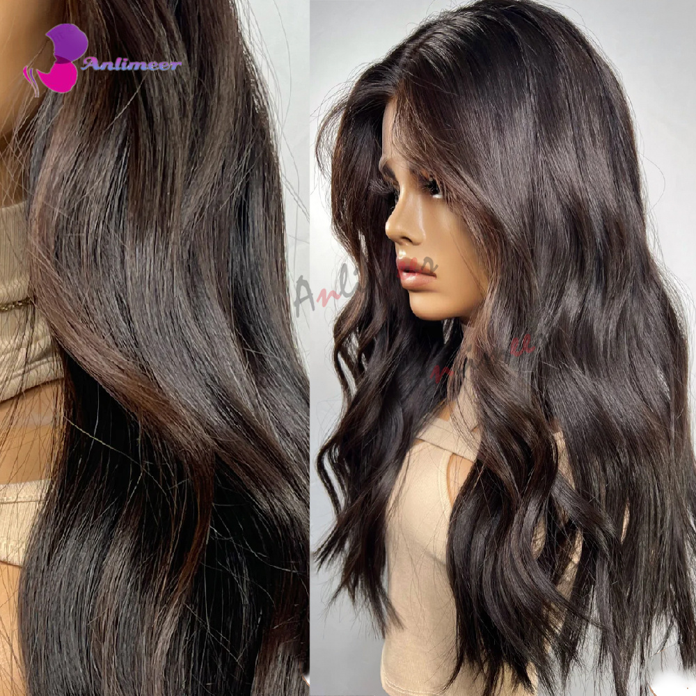 Peluca de Cabello Humano con Frente de Encaje, Color Marrón Chocolate Balayage, Pelucas de Cabello Real para Mujeres, Peluca Marrón Oscuro con Ondas Suaves, Peluca Frontal