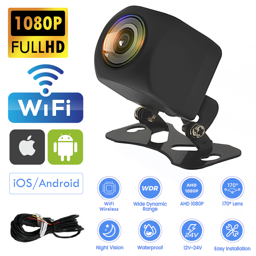 Kamera spion mobil nirkabel 1080P, WIFI 170 derajat HD penglihatan malam WiFi kamera mundur untuk iPhone Android 12V 24V
