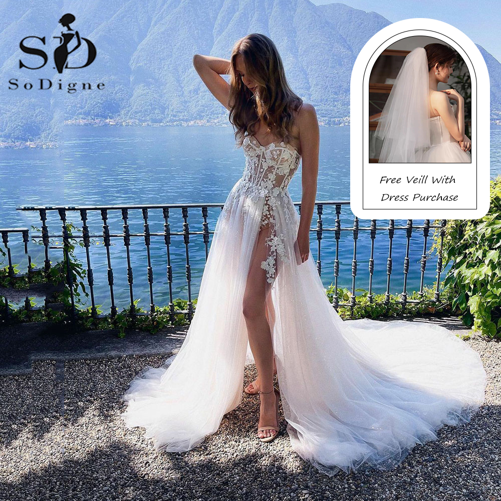Sodigne boho vestidos de casamento glitter tule rendas apliques a linha lado split vestido de casamento querida personalizado vestido de noiva