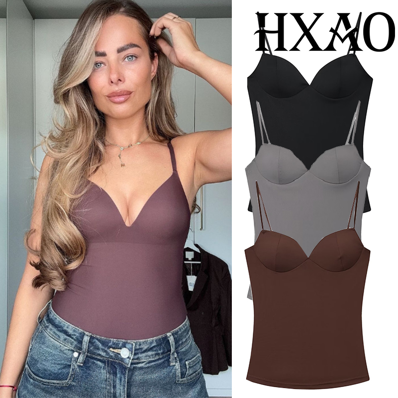 HXAO 女性トップスコルセットクロップトップ女性ノースリーブ黒茶色トップストラップ付きキャミソールボディコン背中の開いたセクシーなトップスビスチェ