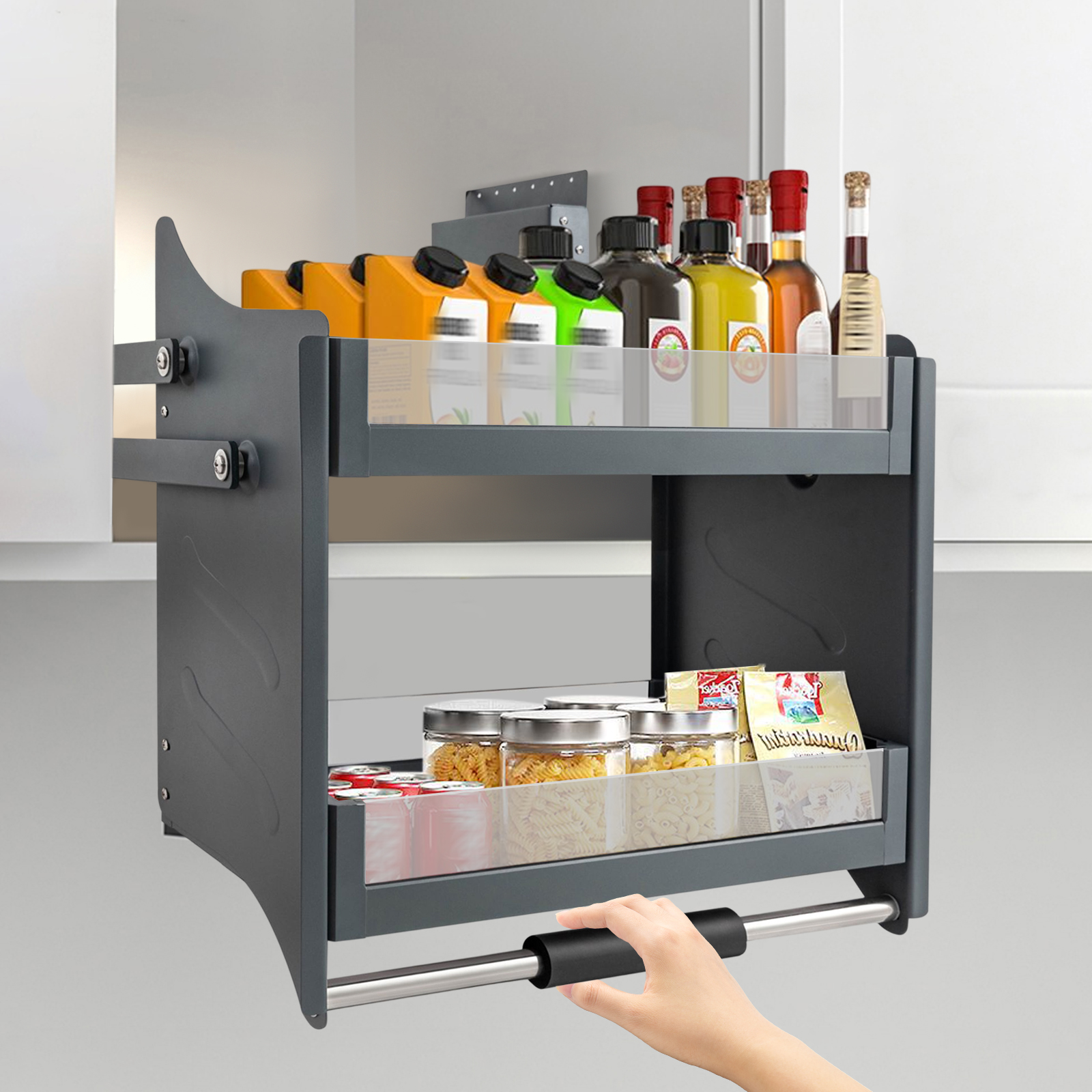 2-tier Pull-down Cabinet Storage Shelf Adjustable Bearing Upper Kitchen Wall Cabinet Organizer