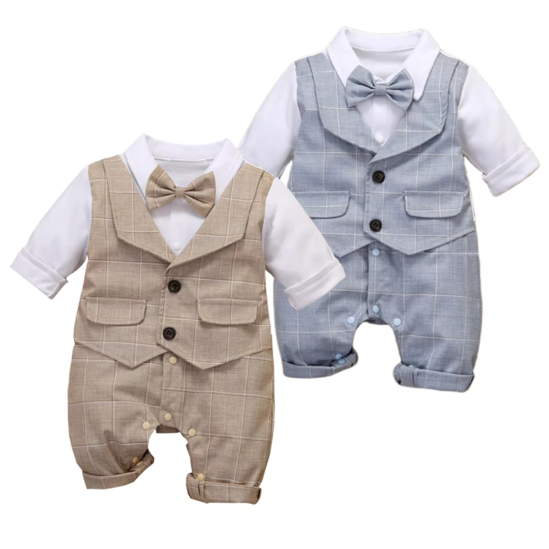 Vestido Formal de aniversario de 3 a 24M, traje de fiesta de algodón para niño pequeño, traje a cuadros, ropa para recién nacido, chaleco, pelele, cumpleaños de bebé