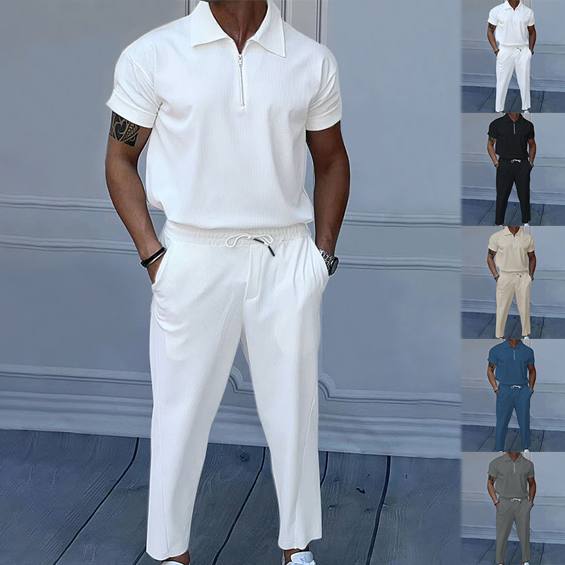 Nuevo Traje de Verano para Hombre, Estilo Europeo y Americano, Color Sólido, Solapa, Manga Corta, Cierre de Cremallera, Pantalón