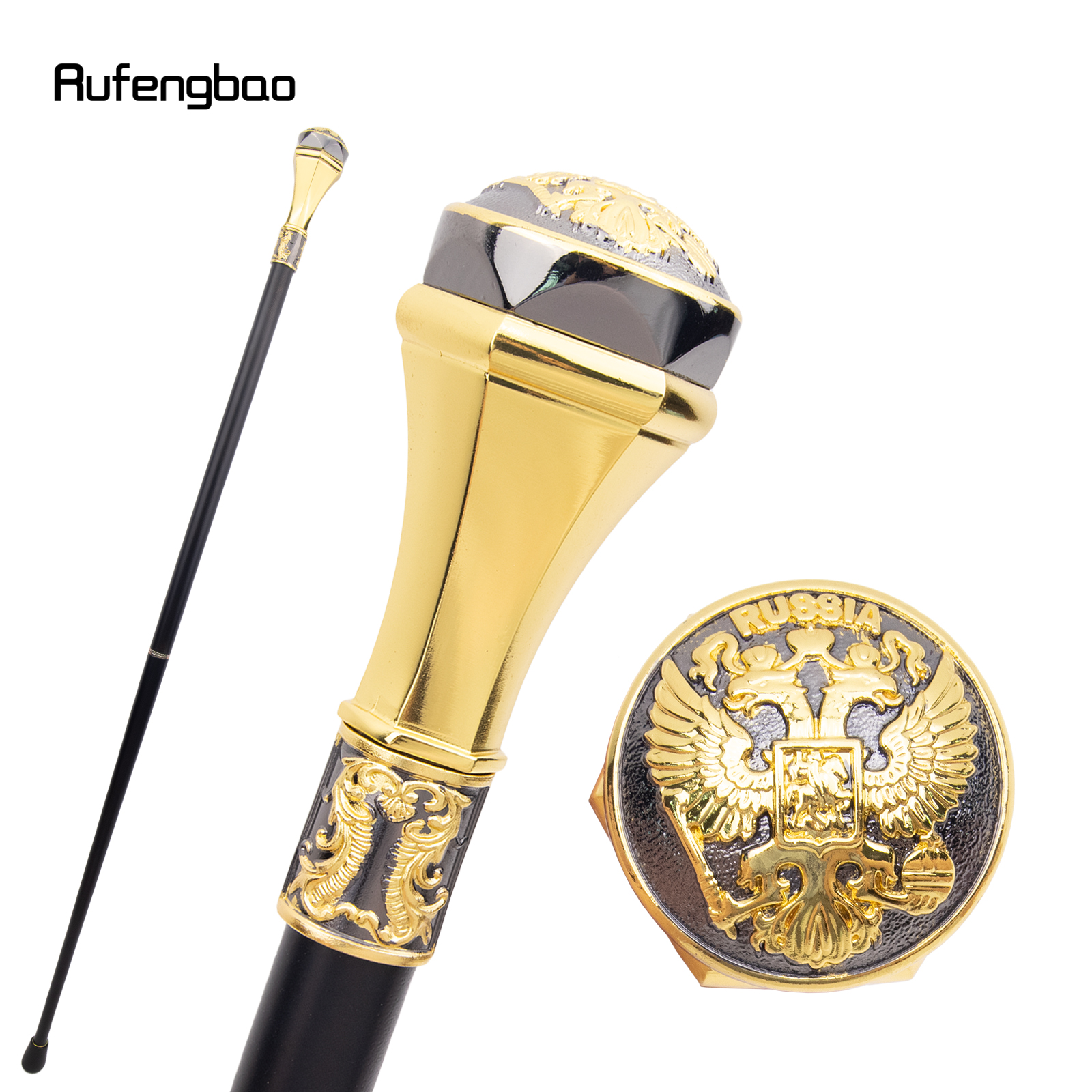 Gouden Zwarte Dubbelkoppige Adelaar Totem Wandelstok Mode Stok Gentleman Luxe Crosier Knop Wandelstok 93cm