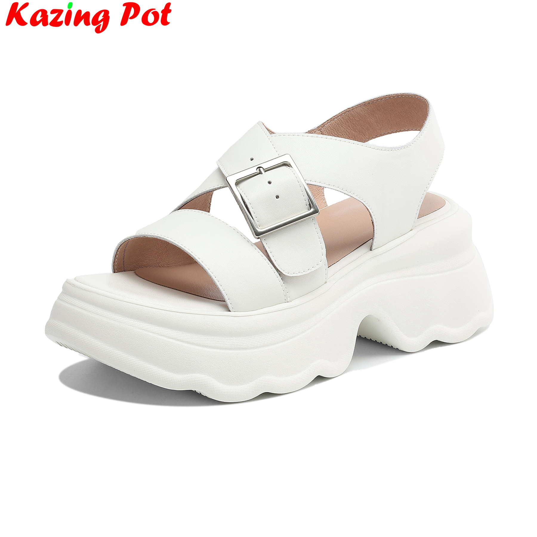Krazing Pot Koeienhuid Peep Toe Hoge Hakken Elegante Dikke Bodem Zomerschoenen Slingback Casual Dating Platform Moderne Dames Sandalen
