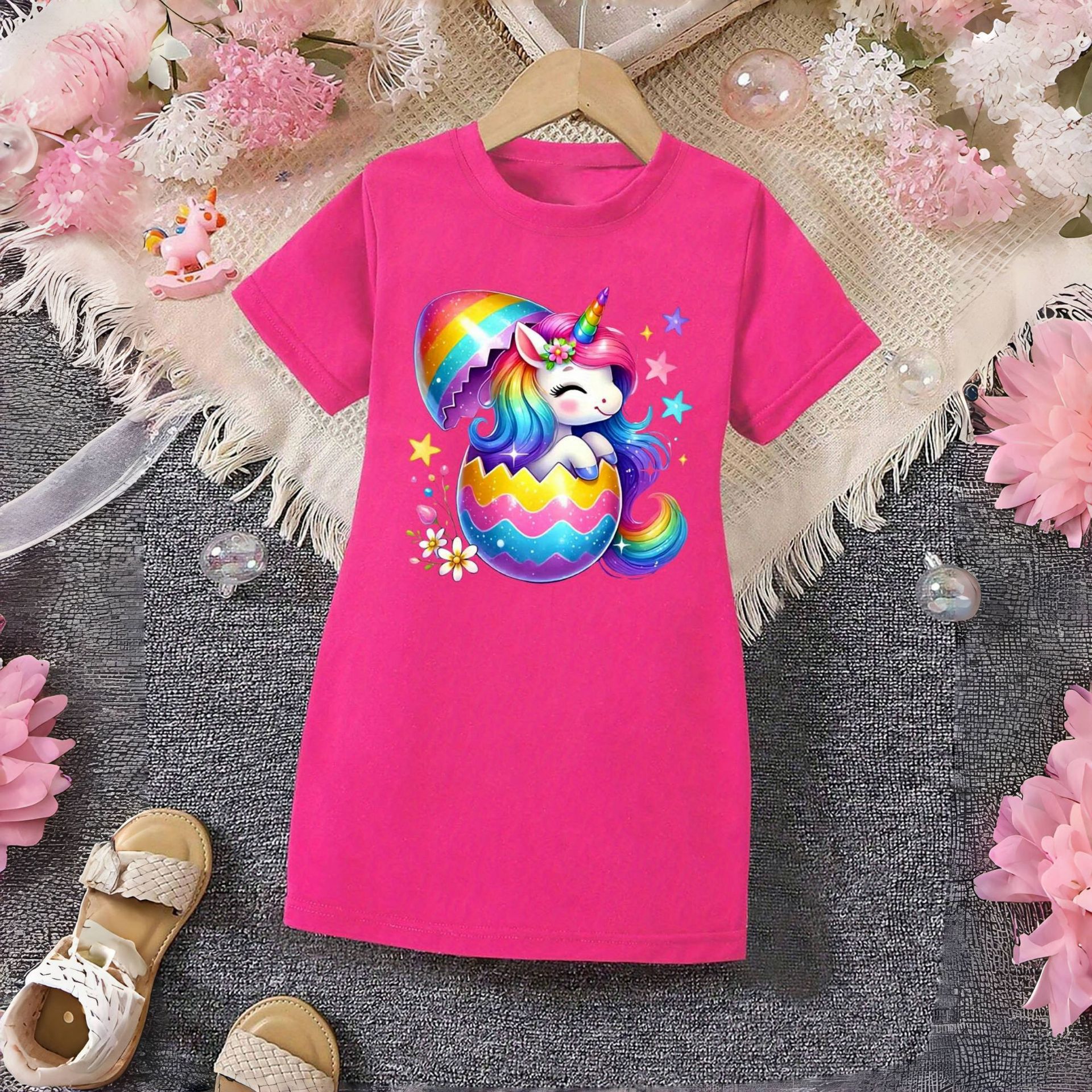 Odzież dziecięca dla dziewczynek: Sukienka T-shirt z krótkim rękawem i tęczowym jednorożcem, kreatywny nadruk z kreskówkowym motywem, okrągły dekolt, sukienka T-shirt z krótkim rękawem, idealna dla dziewczynek w wieku 4-12 lat.