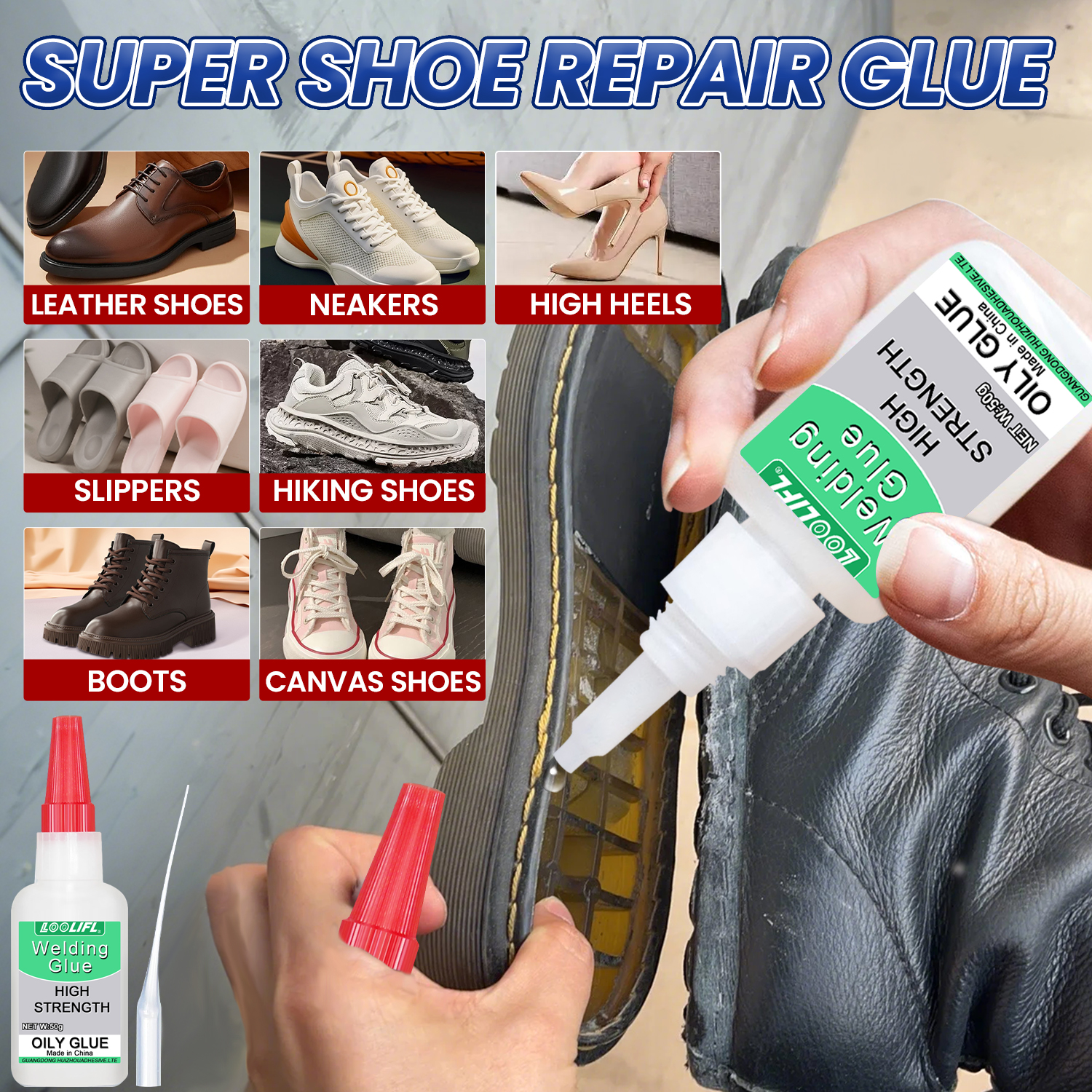 LOOLIFL50g colle pour chaussures - qualité professionnelle, transparente, imperméable, séchage rapide, idéal pour les bottes de randonnée, les chaussures de sport, les sandales et plus encore