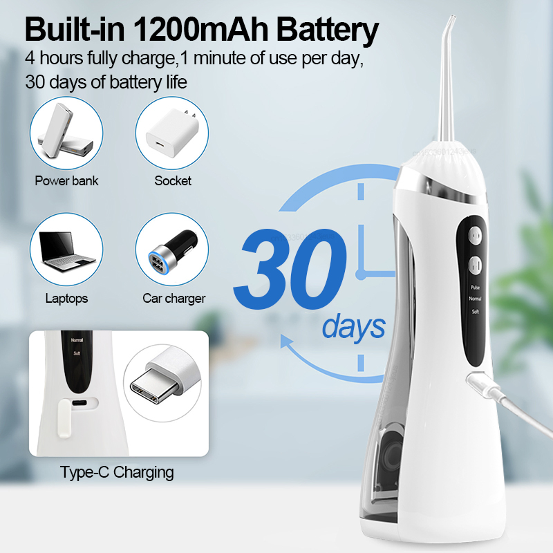 เครื่องฉีดน้ำทำความสะอาดช่องปากแบบไฟฟ้า 3 โหมดการทำความสะอาด ชาร์จ USB ได้ กันน้ำ IP65 พร้อมหัวฉีด 4 แบบ พกพาสะดวก