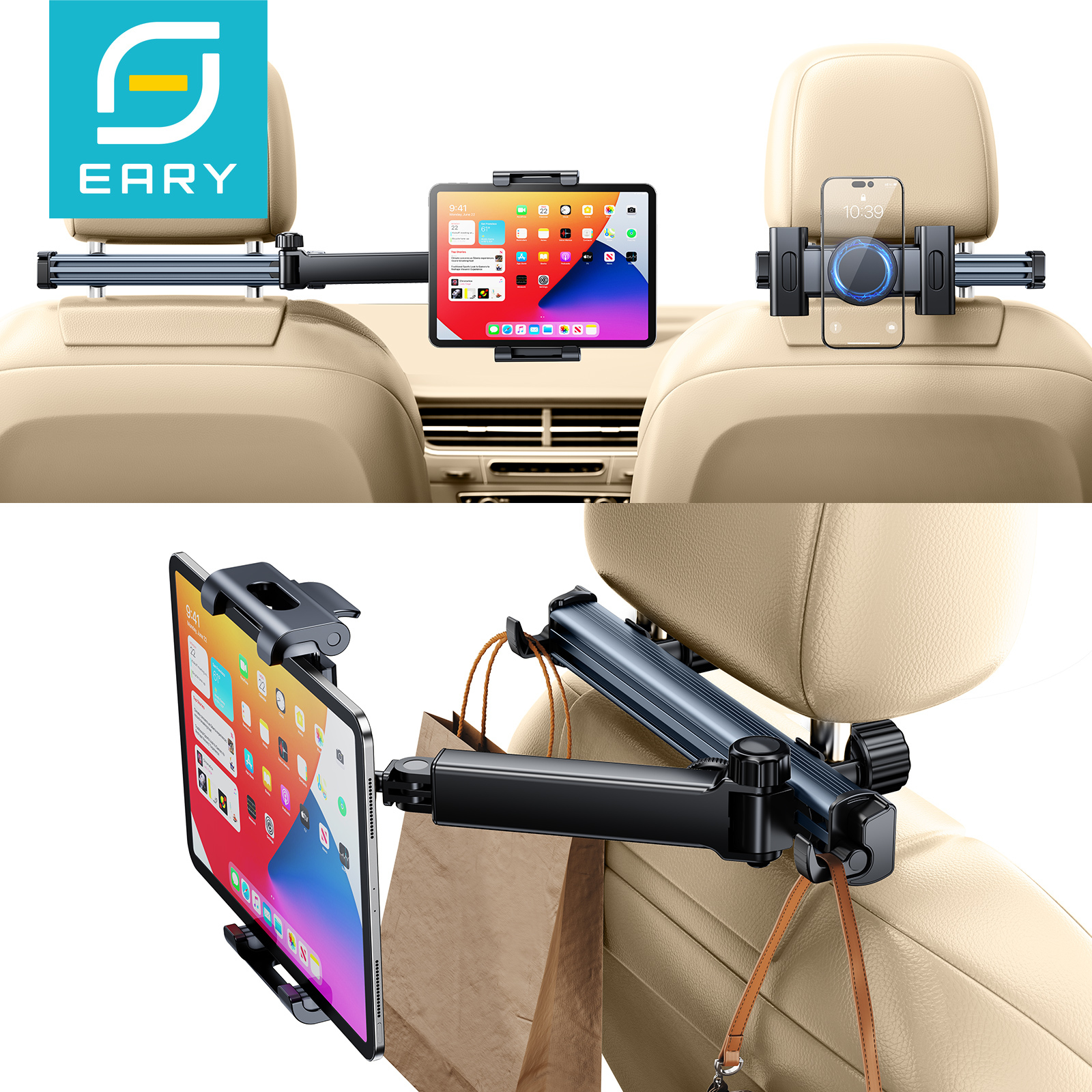 Uchwyt na tablet Eary do zagłówka samochodowego na tylnym siedzeniu Obracany o 360 stopni Stojak na telefon Długie ramię z regulacją za pomocą 2 haczyków Pasuje do urządzeń 4.7-12