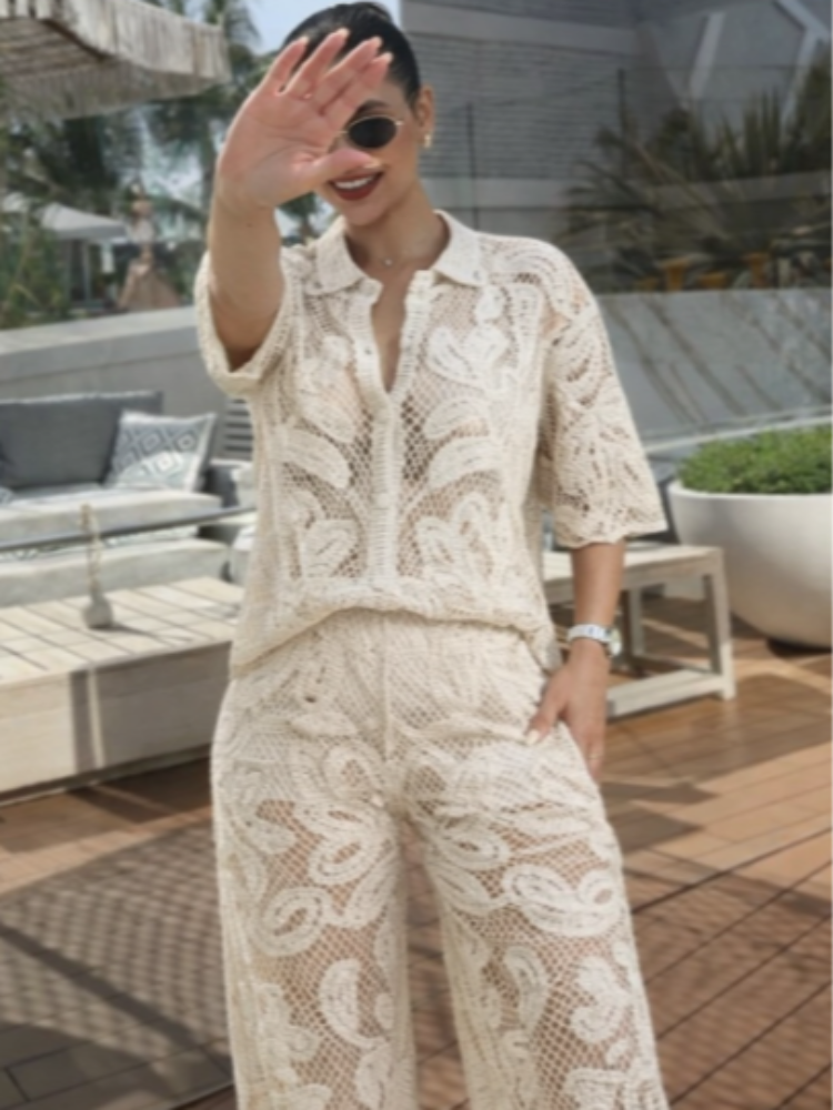 Dames Floral Borduurwerk 2-delig gehaakt kant shirt wijde pijpen broek uitgeholde revers casual set casual vakantie streetwear