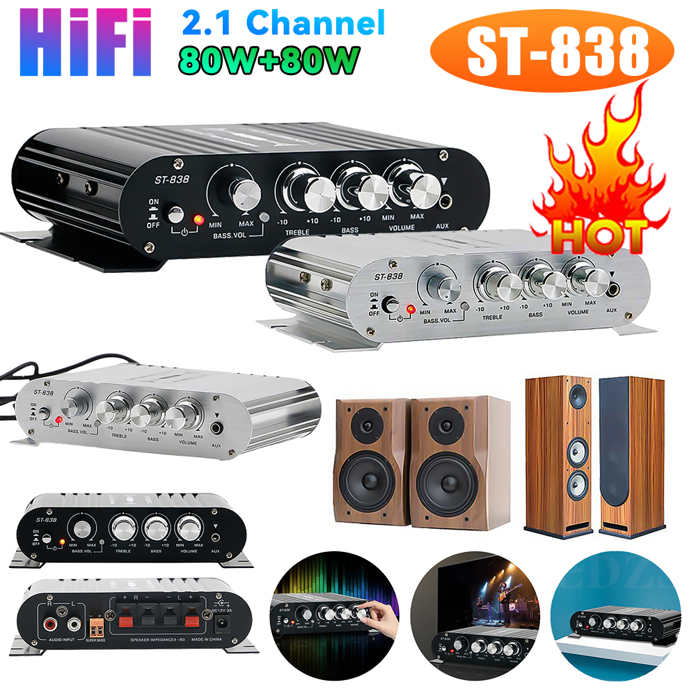 ST-838 amplificador de potencia HiFi de 2,1 canales amplificador de sonido de graves estéreo RMS 80W * 2 Clase D Mini reproductor multimedia MP3 coche negro amplificador doméstico