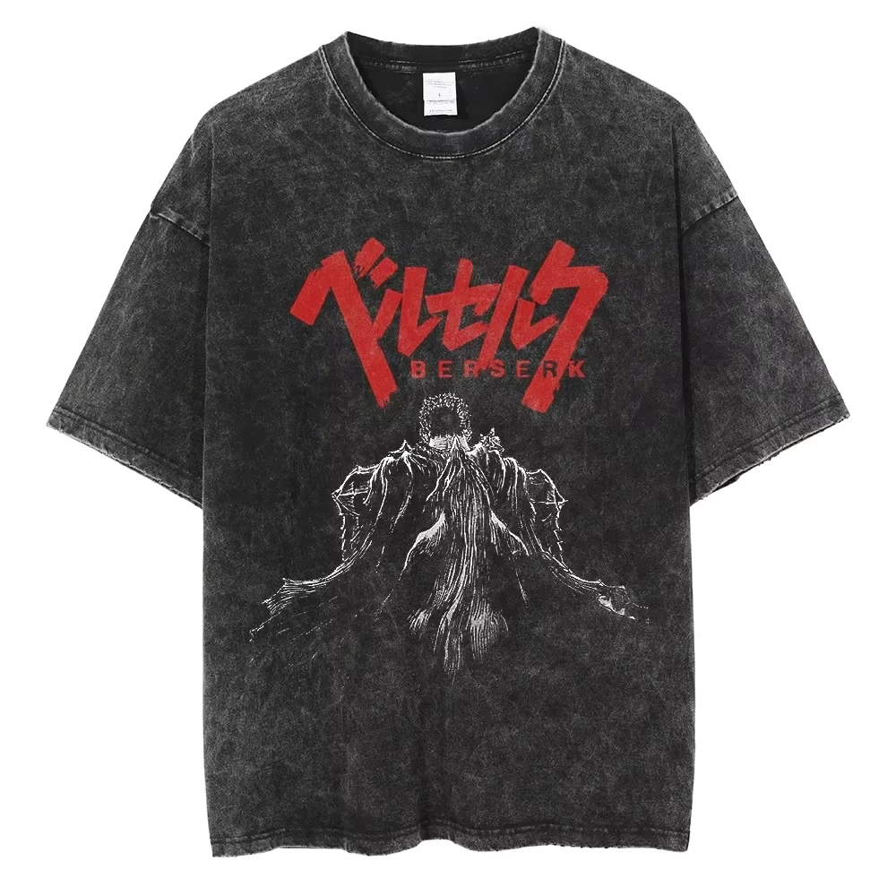 Camiseta Masculina Hip-hop 2026, Estilo Vintage, Roupa de Rua, Estampa de Anime Lavada, Algodão Casual de Manga Curta