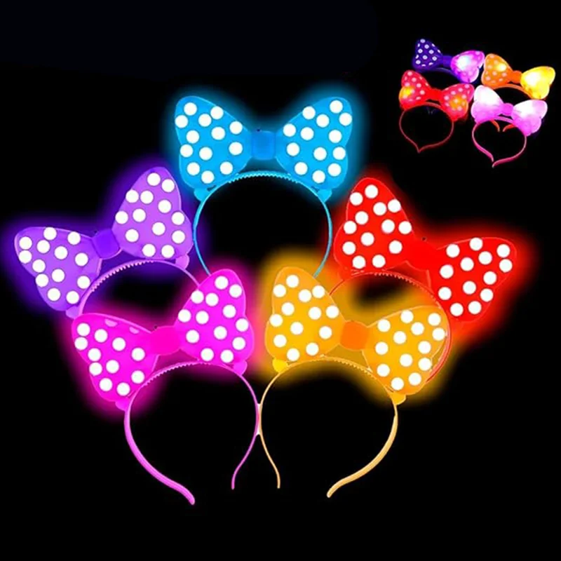 5/10 buah lampu LED-Up anak perempuan Polka Dot, ikat kepala simpul pita menyala dalam gelap untuk pesta bersinar, ikat kepala plastik mewah