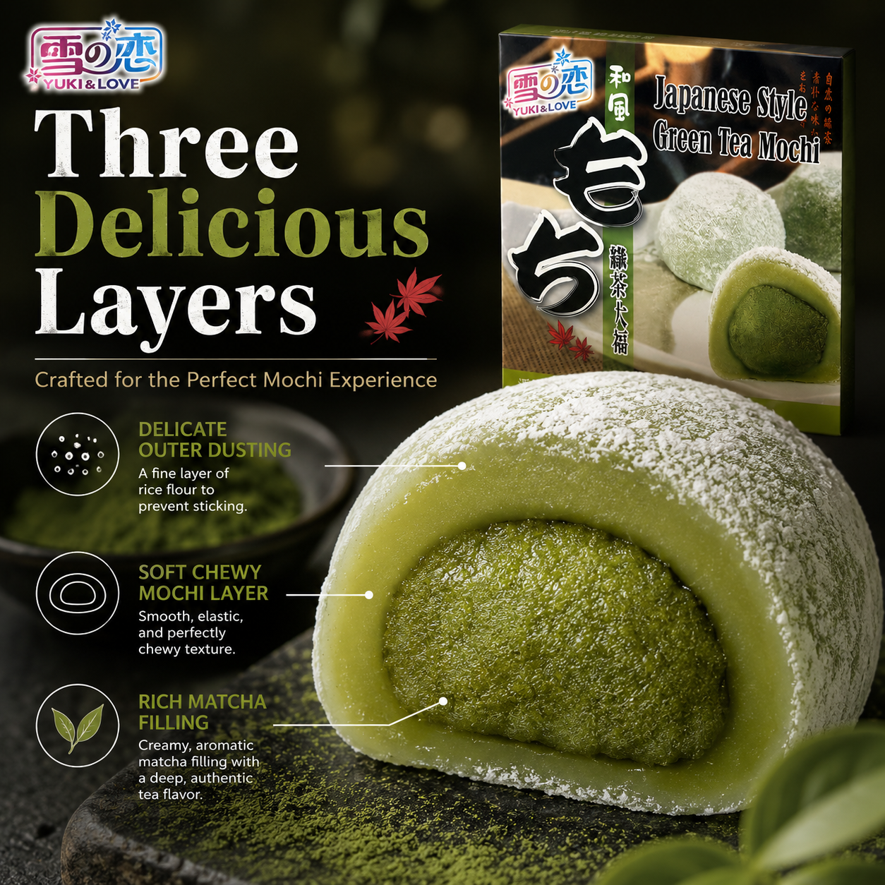 Populaire Aziatische groene thee snack YUKI&LOVE Matcha Mochi, elastische kleverige rijstballetjes gevuld met intense romige Matcha vulling, kant-en-klaar 210g geschenkverpakking