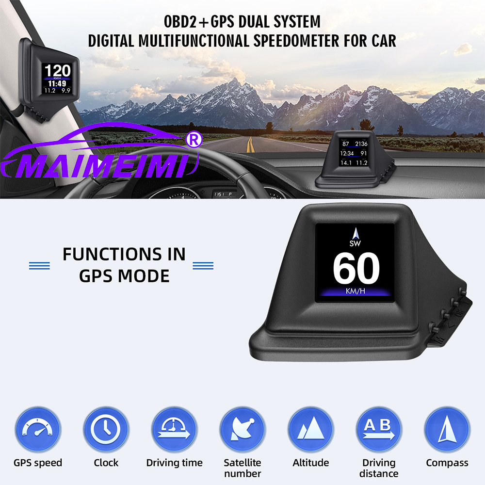 อุปกรณ์ HUD มัลติฟังก์ชั่น OBD2+GPS คอมพิวเตอร์ติดรถยนต์ ติดตั้งบนคิ้วประตูหน้า แสดง RPM ความเร็วเทอร์โบ ความดันน้ำมัน อุณหภูมิน้ำ ความเร็ว GPS