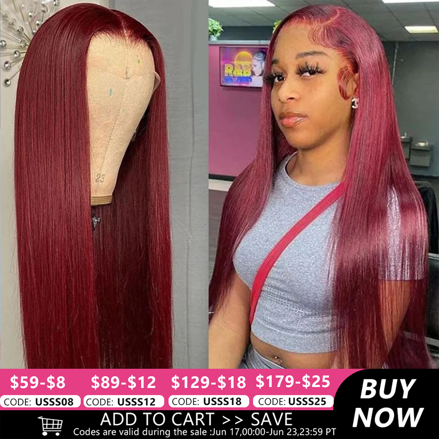 Wig Rambut Asli India Burgundy 99j Merah 13x6 Transparan Lace Front Wig 180%  13x4 HD Transparent Lace Frontal Wig Untuk Wanita