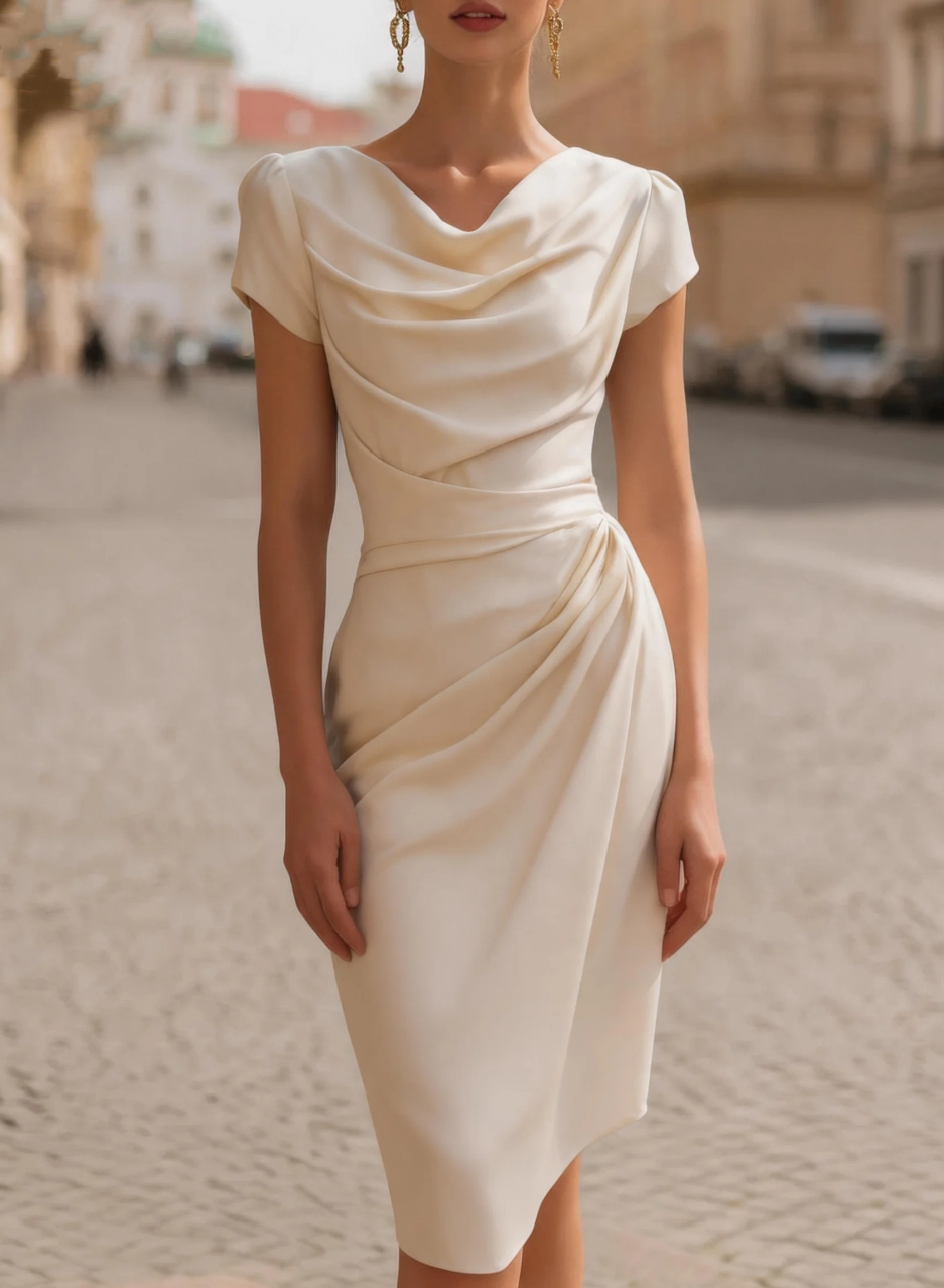 Vestido Midi Elegante com Decote Cowl e Manga Curta, Detalhe de Cintura Drapeada para Mulheres em Ocasiões Formais