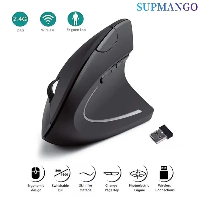 Mouse verticale Mouse ottico Wireless ergonomico da 2.4GHz 3 DPI regolabili 800/1200/1600 6 pulsanti per Laptop PC Computer Desktop