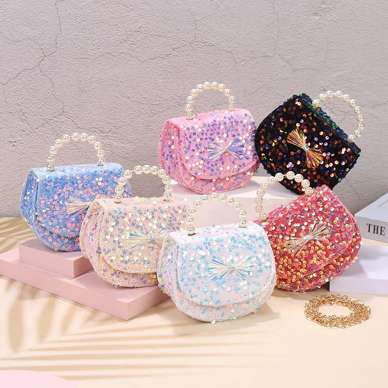 Bolso de hombro pequeño con perlas de lentejuelas rosas para niñas y niños, Mini bolso cruzado de lujo, monederos de corte, bolso para niña pequeña