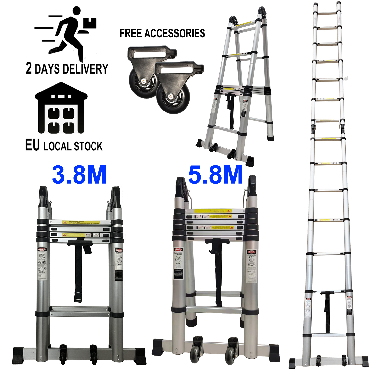 Tangga teleskopik Aluminium multifungsi, tangga 2 dalam 1 lurus Bingkai A dengan beban maksimal 150kg 3.8M / 5.8M