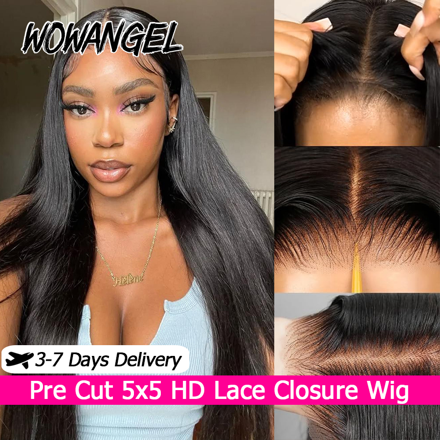 WOWANGEL Proste Peruki Bez Kleju 5x5 HD Lace Closure Wig 100% Ludzkie Włosy Peruka Wstępnie Rozjaśniona Peruka Gotowa do Założenia dla Kobiet Wstępnie Przycięta Koronka