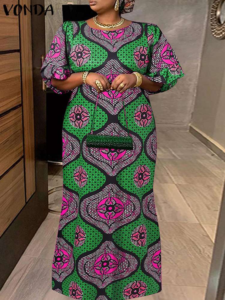 Plus size vonda boêmio feminino impresso longo maxi vestido 2024 outono vintage vestido de verão o pescoço casual solto meia manga robe femme