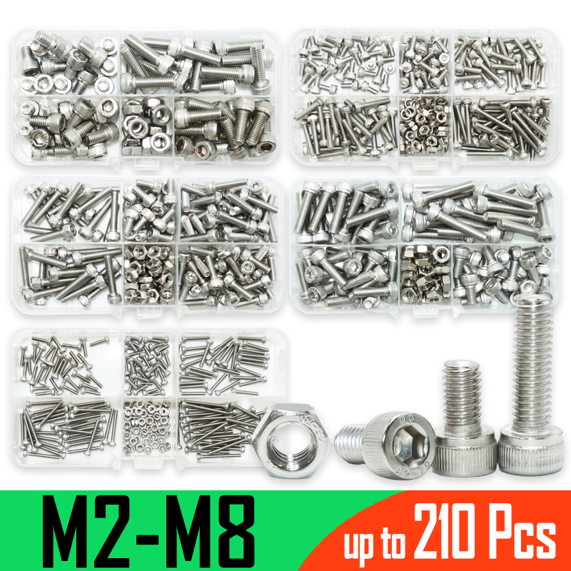 Hex Socket Head Screws Set M2 M2.5 M3 M4 M5 M6 M8 304 Stainless Steel Full Tooth Cup Head Hexagon Allen Bolt Nut Machine Screws
