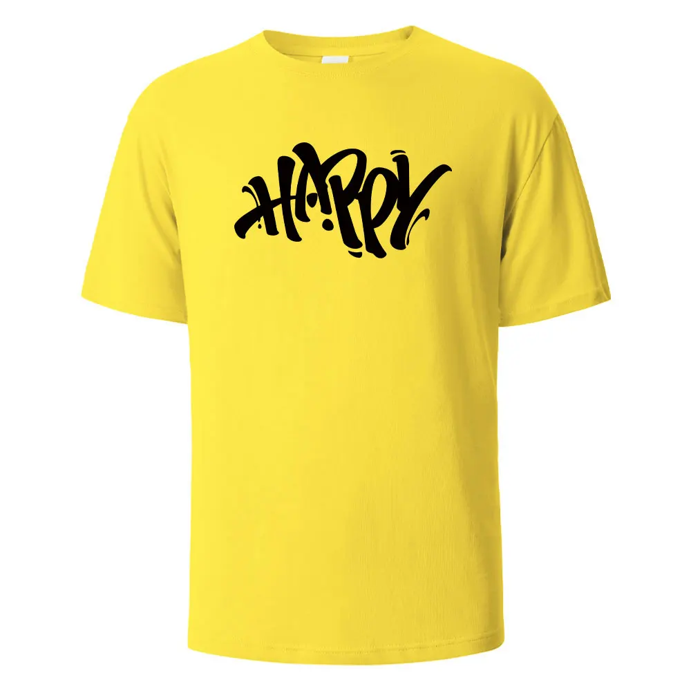 Happy Artistic-T-shirt à Manches Courtes pour Homme et Femme, Vêtement d'Été 100% Coton, Confortable, Respirant, Surdimensionné