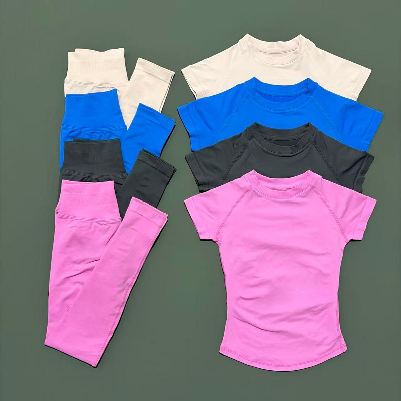 2 Pieces Short Sleeve Sports Set Women Round Neck Breathable Short Sleeve Yoga Sports Leggings Gym Sportswear Workout Sets