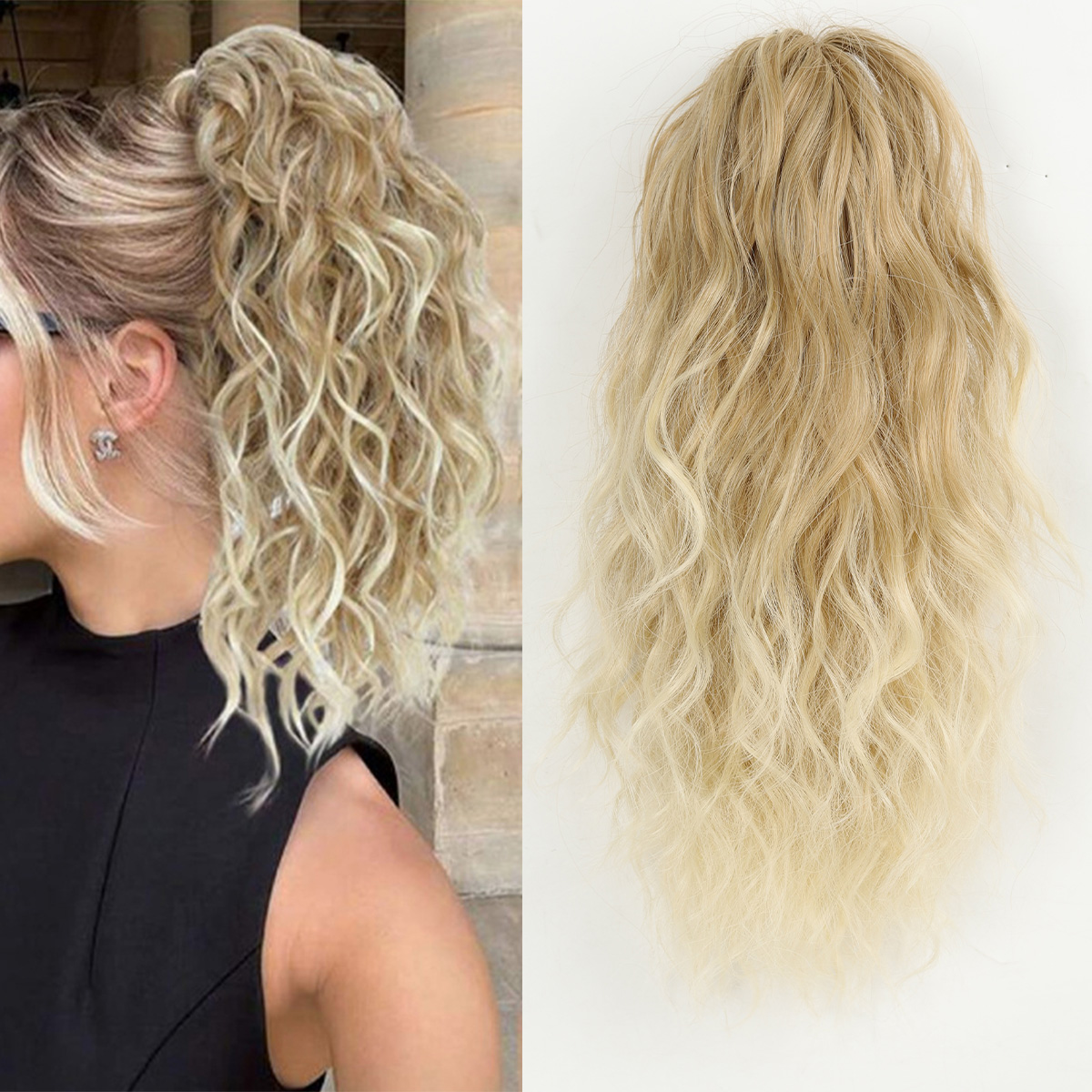 Peluca de cola de caballo con clip sintético para mujer, extensión de cabello de cola de caballo falsa resistente al calor, ondulada de agua corta y rizada, esponjosa y natural