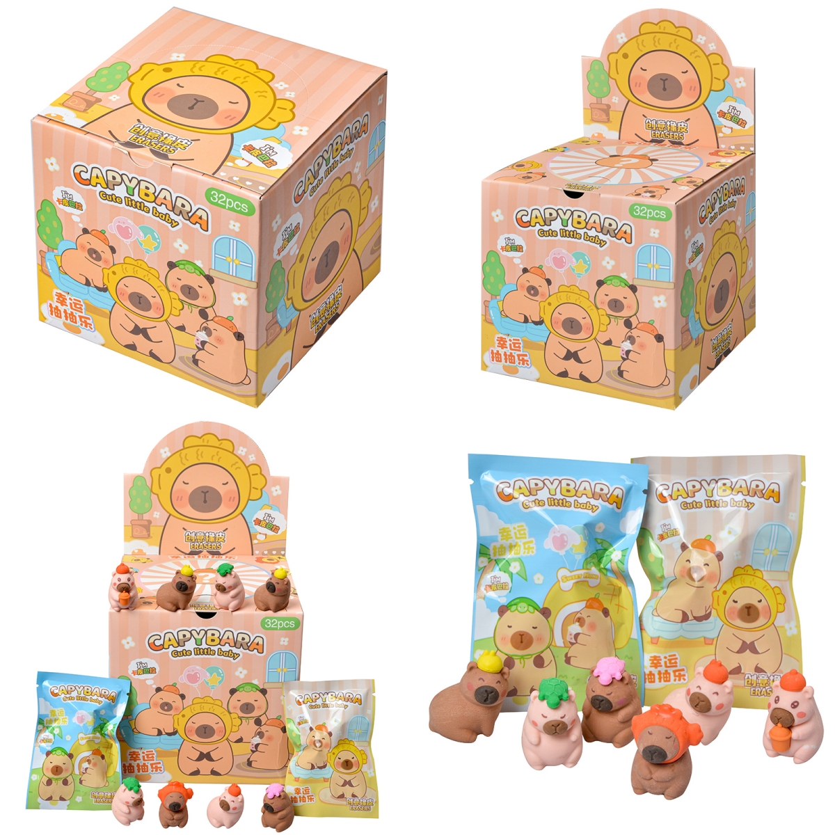 Originele Doos 32 Stuks Capybara Blind Bag Leuke Karakters Kleine Baby Rubber Leren Briefpapier Model Figuur Speelgoed Kinderen gift
