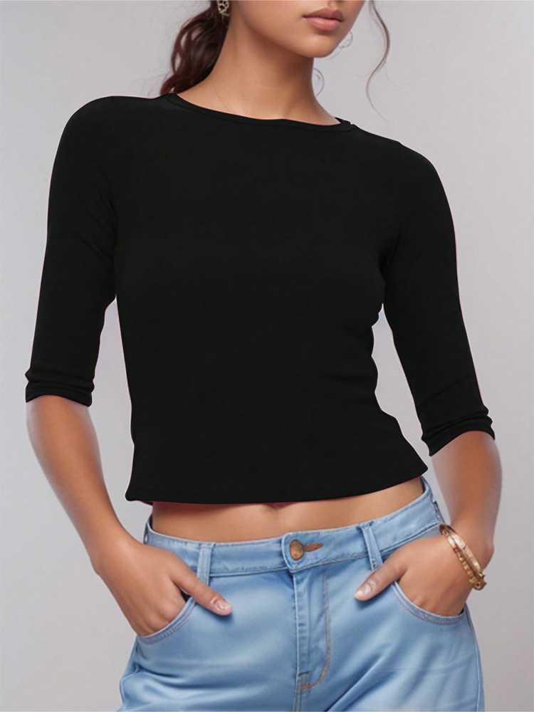 Dames slim fit T-shirt met ronde hals Y2K-stijl korte mouwen effen kleur modemodel top zeven punten ontwerp