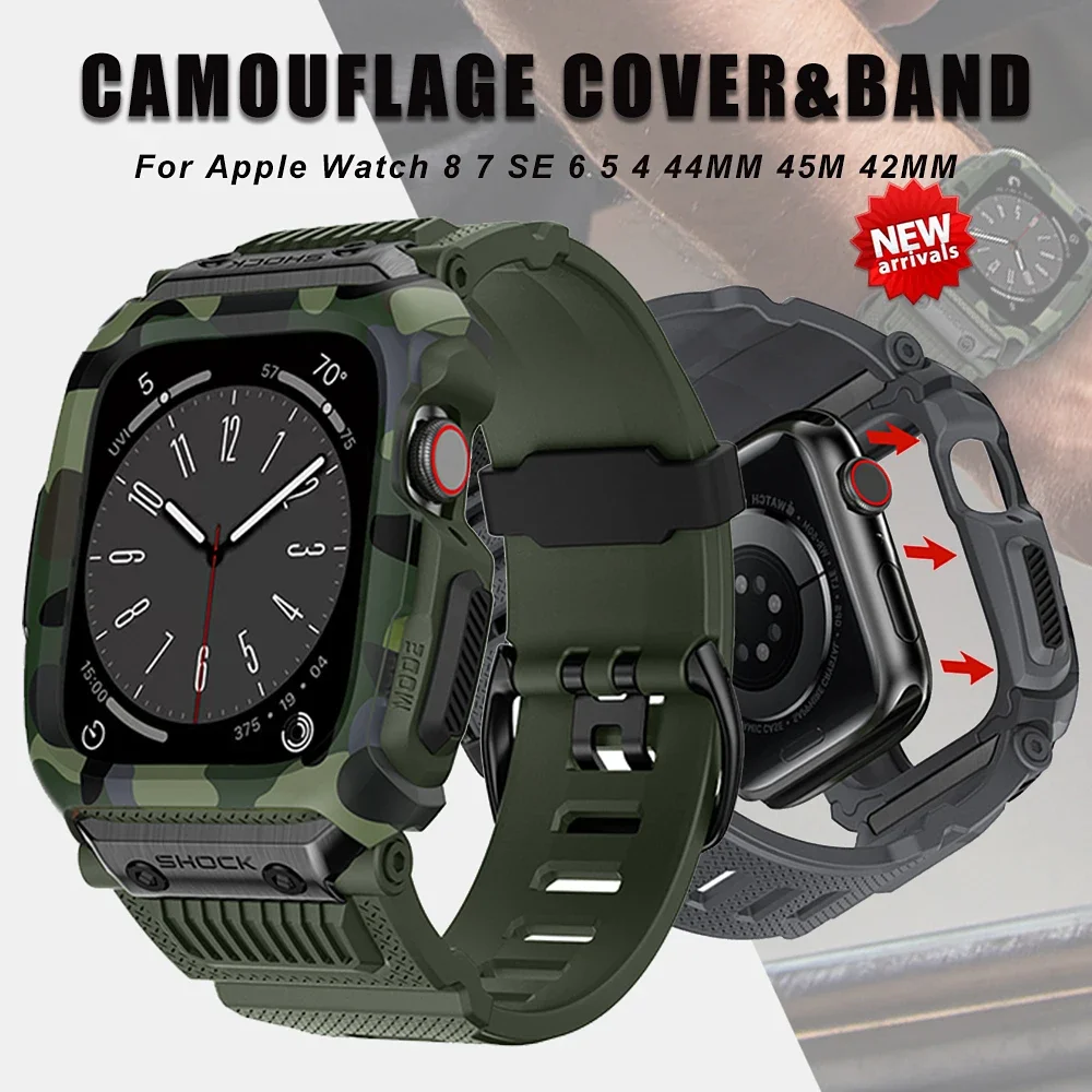 Étui de Sport de Camouflage de l'armée pour Apple Watch 8 7 SE 6 bandes 45mm 44mm 42mm, étanche, résistant aux chutes, Kit de sangle intégrée